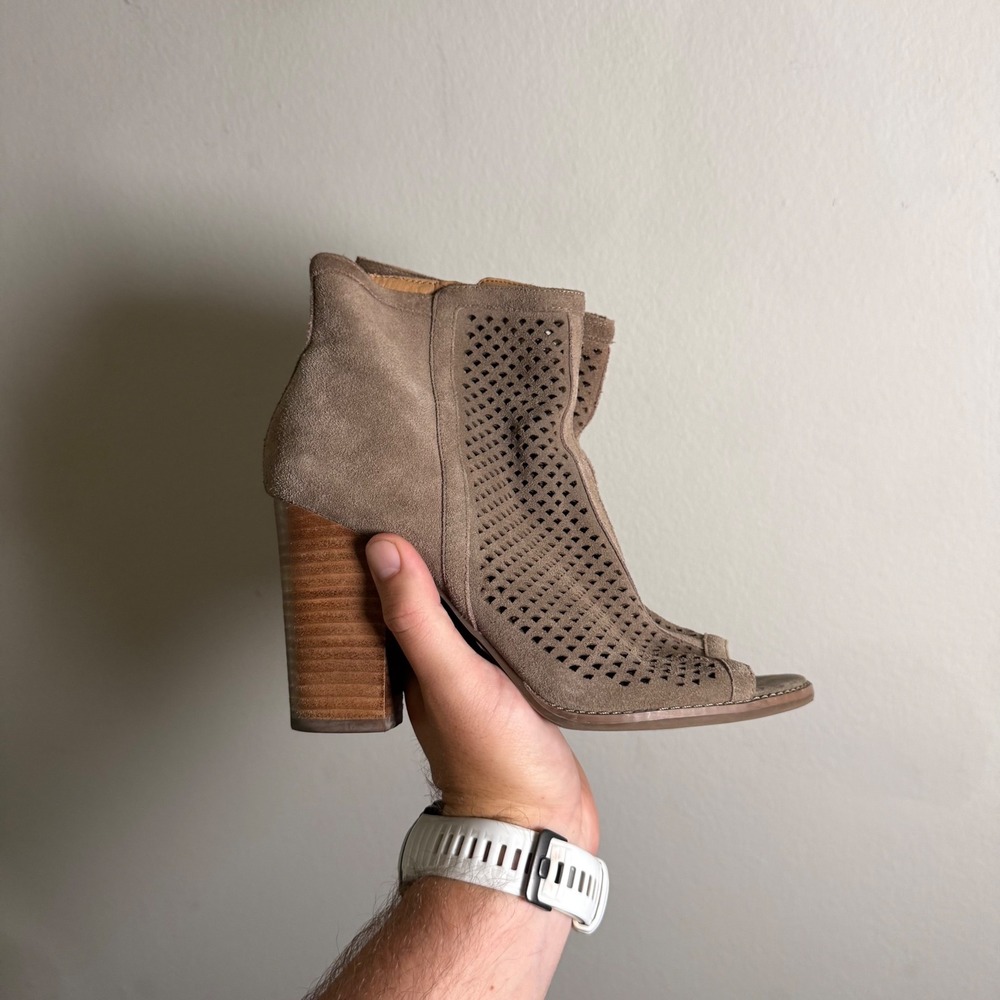 Lucky Brand Women Taupe Suede Perforated Open Toe Block Heel Booties Size 8M/38